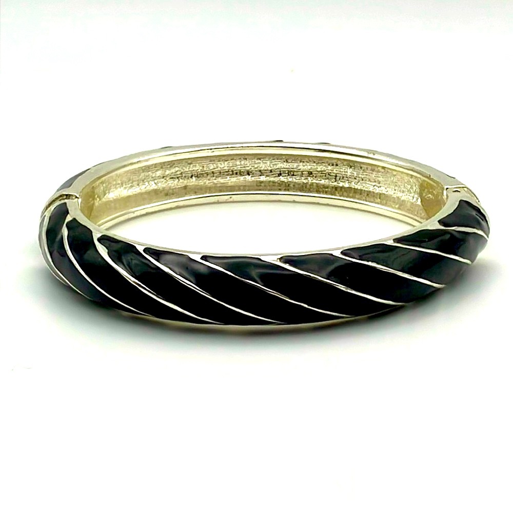 Vintage Black Enamel and Silver Tone Bangle Bracelet